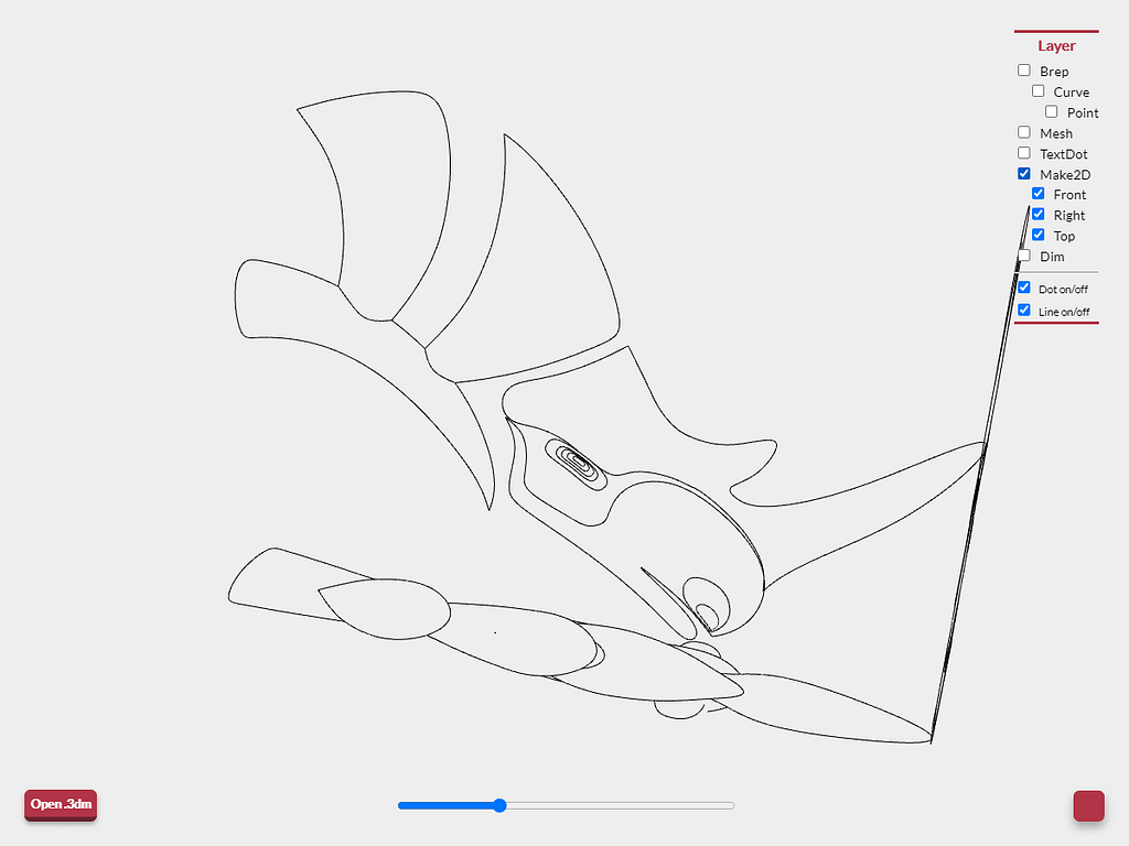 Rhinoceros 3dmビューワーでの2D図の表示